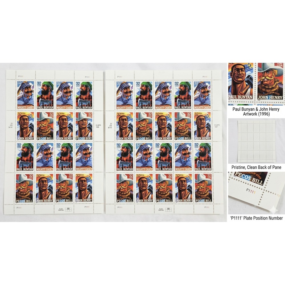 VTG 1996 USPS‎ Folk Heroes 32 Cent Stamps Pane Lot of 2 Paul Bunyan John Henry